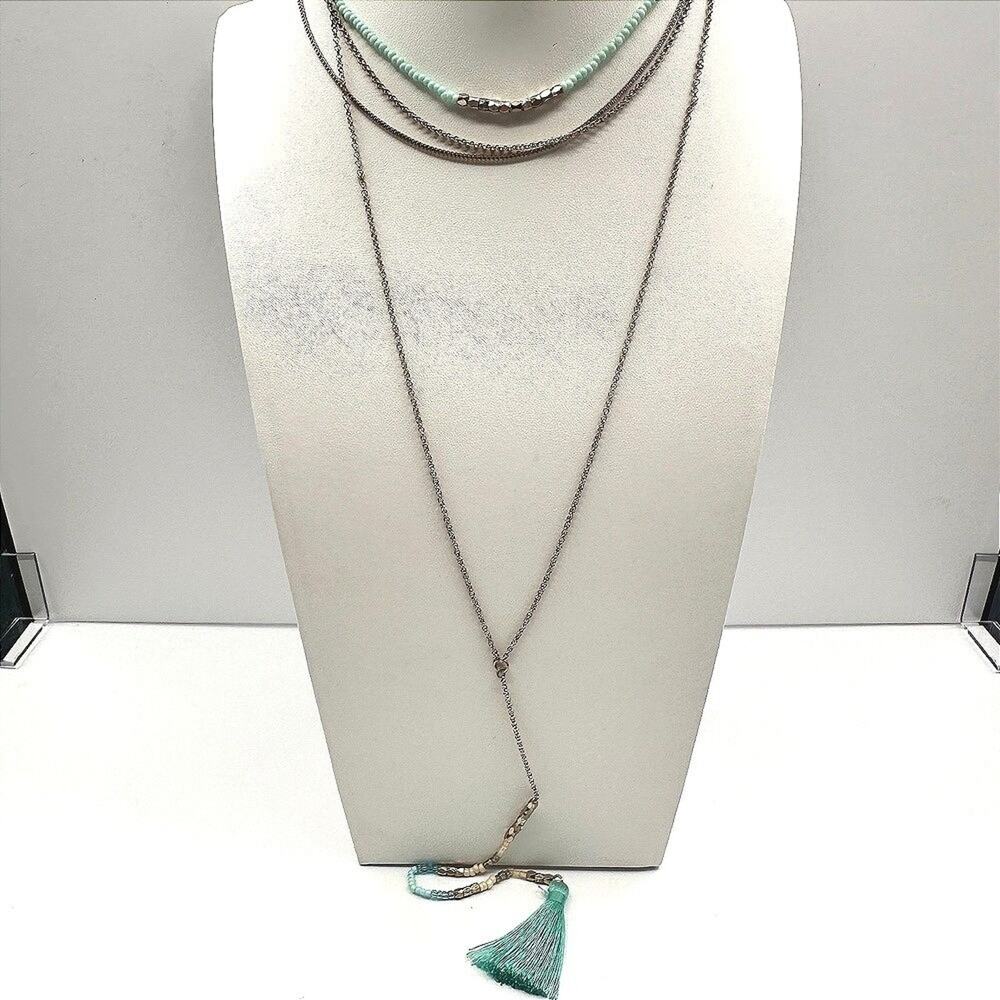 Vintage Y2K Layered Tassel Necklace Gold Tone Mint Green Seed Bead Boho Jewelry